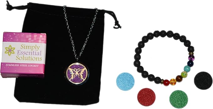 Aromatherapy Essential Oil Diffuser Stainless Steel 30MM Silver Magnetic Locket Pendant with Chain Necklace and Colored Refill Pads & Diffuser Bracelet All in a Velvet Bag (butterfly2)