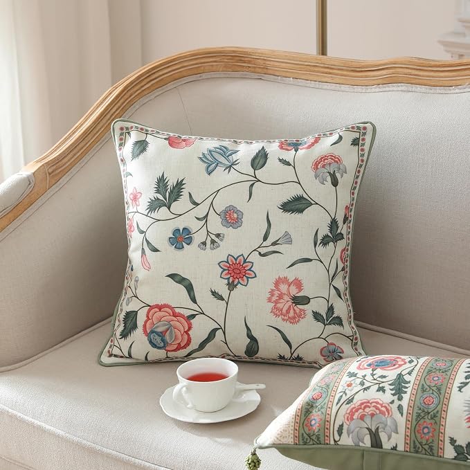 Designer Linen Throw Pillow Cover,Set of 2,18"x18"-Estevan A | Vintage French Elegant Square Pillow Cover,Concealed Zipper Design,Floral Pattern,Sofa,Bedroom,Living Room,Lounge Chairs