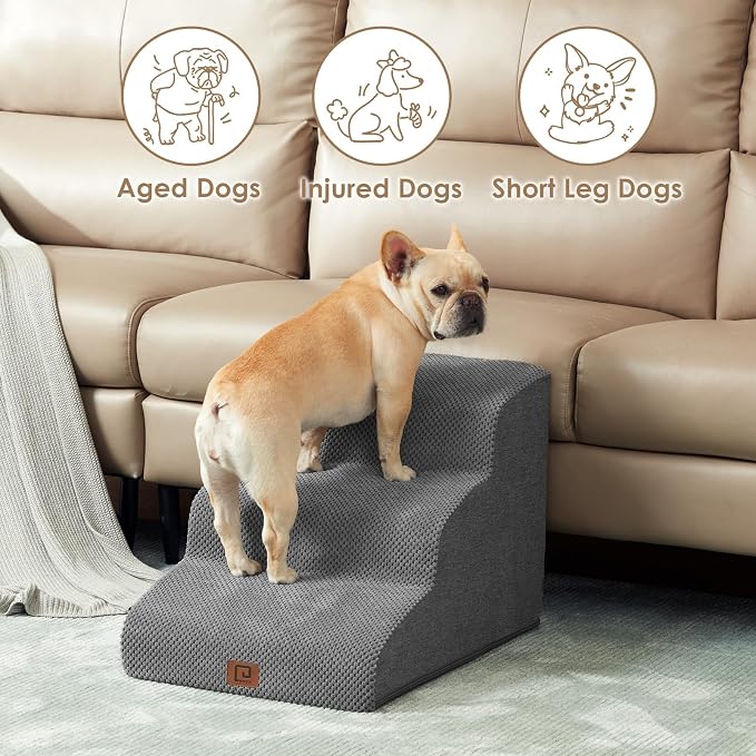 EHEYCIGA Curved Dog Stairs Ramp, 3-Step Dog Steps, 15.8" H Pet Step | 33D density of pure foam, for Small Dogs and Cats, Pet Stairs for High Bed Climbing, Non-Slip Balanced Pet Step Indoor, Grey