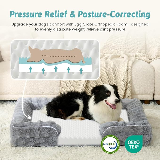 COZY KISS Faux Fur Orthopedic Dog Bed Washable for Extra Large Dogs, XL | Soft Warm Pet Sofa with Sides or Bolster, Non-Slip and Big Dog Couch with Removable Waterproof Cover, 44x32 inch, Grey