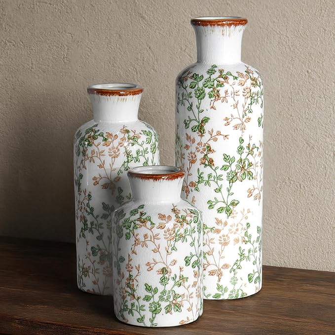 Brown and Green Ceramic Vase Set of 3, Vintage Botanical Vases for Decor | Crackle glaze and distressed rims for Tuscan living rooms, mantels and dining table centerpieces