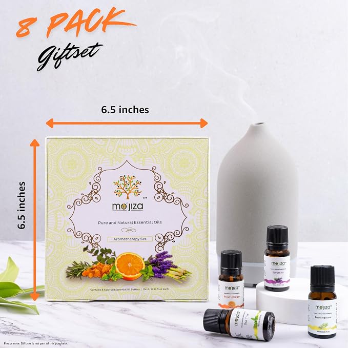 MO'JIZA Pure Aromatherapy Essential Oils Gift Set, 8 Oils-Lavender, Tea Tree, Peppermint, Frankincense, Rosemary, Sweet Orange, Lemongrass, Eucalyptus, 10ml Each Certified Kosher, Vegan & Cruelty Free