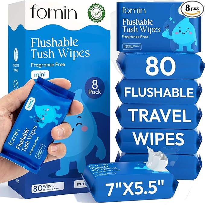 Fomin Compact Travel Flushable Wipes 8 Pack (80 Wipes Total) - Unscented Travel Size Wet Wipes for Adults - pH Balanced, Biodegradable, Plant-Based - Hypoallergenic Tush Wipes for Women & Men