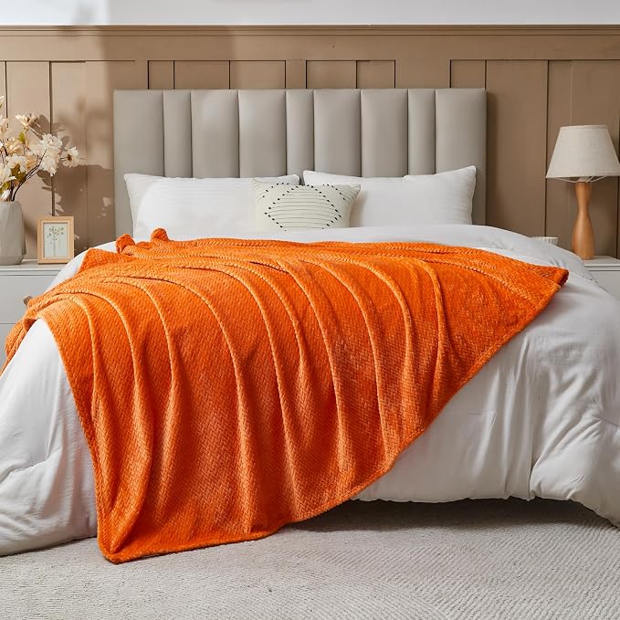 NEWCOSPLAY Fleece Leaves Pattern Queen Blanket, Orange, 90"x90" | Super Soft Throw Blanket, Lightweight Cozy Bed Sofa Blanket, Premium Silky Flannel Fleece, Travel Blanket for All Season Use