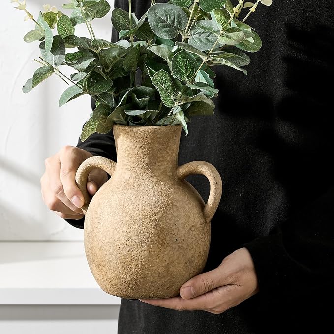 SIDUCAL Rustic Ceramic Farmhouse Flower Vase with 2 Handles, Terracotta Vase, Decorative Pottery Flower for Home Decor, Table, Wedding, Living Room, Shelf Decor, 7.3 Inch, Brown