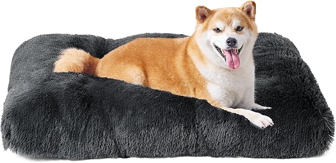 EHEYCIGA Fluffy Dog Crate Bed for Large Dogs, Plush Faux Fur Pad, Dark Grey | Calming Anti Anxiety Large Dog Crate Bed, Washable Soft Warm Mat with Non-Slip Bottom