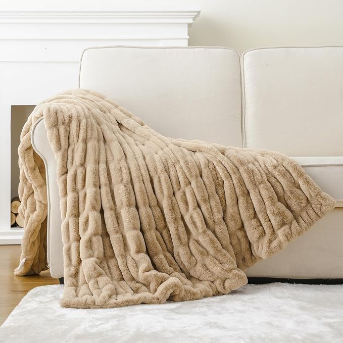 BATTILO Soft Faux Fur Throw Blanket for Couch, Double Side, 50"x60", Beige | Luxury Minky Couture Blanket, Beige Throw Blanket, Cozy Warm Soft Fluffy Faux Fur Blanket For Bed, Sofa Living Room