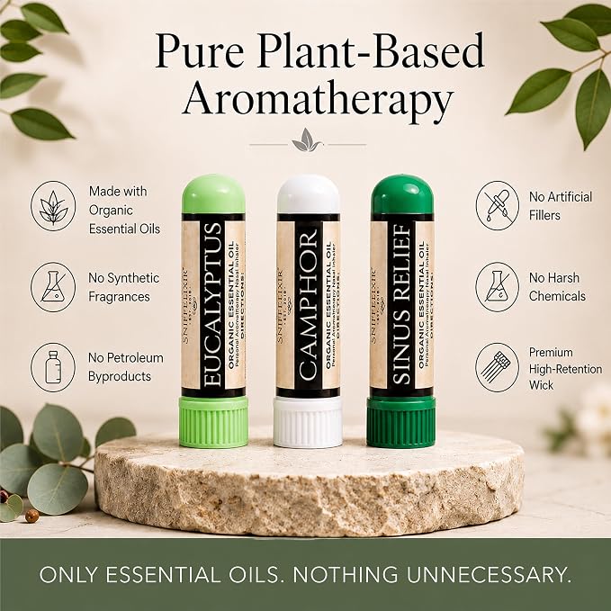 Sinus & Allergy Relief Essential Oil Aromatherapy Nasal Stick Vapor Inhaler - Breathe Free 3-Pack, Stuffy Nose, Mucus & Chest Congestion, Made with Organic Essential Oils