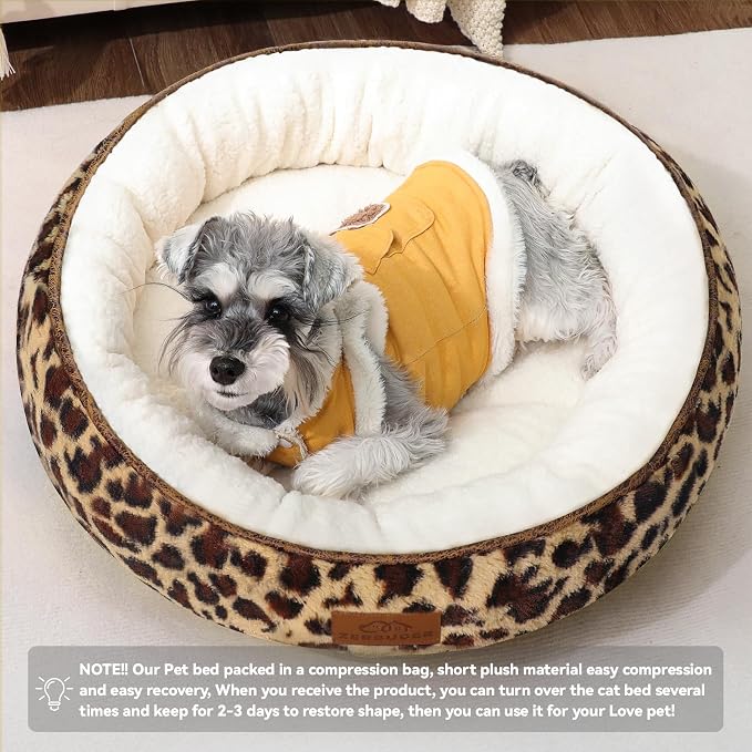 Zerbuger 23in Leopard Round Dog Bed Sofa for Dogs Cats, Machine Washable | for Small/Medium/Large Dogs Cats, Foam Pet Couch with Removable Mat Non-Slip Bottom, Pet Cuddler for Indoor/Outdoor/Car/Cage