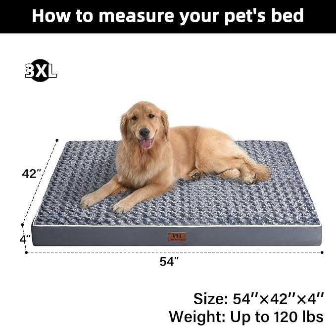 WESTERN HOME WH Orthopedic Dog Bed for Jumbo Dog Washable Pet Bed, 54in | Waterproof Liner,Removable Cover,Thick Egg Crate Foam for Joint Support,Nonskid Bottom,OEKO-TEX Certified,Grey,Up to 120 Lbs