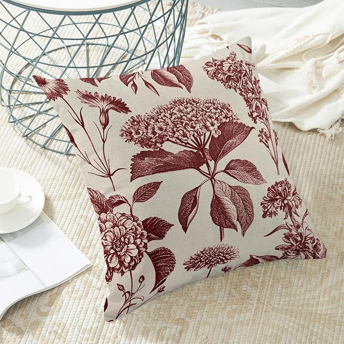 Floral Pillow Covers 18x18 Set of 2 Vintage Burgundy Red Hydrangea Herb Botanical Throw Pillow Cover Outdoor Decoration Boho Flower Pillowcase Farmhouse Decorative Cushion Case for Sofa Couch