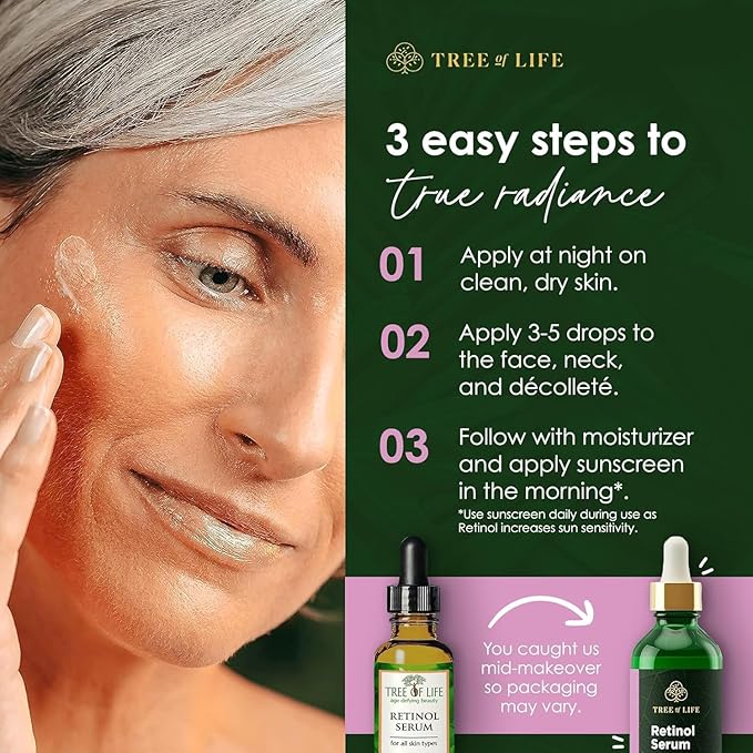Tree of Life Beauty Retinol Serum, Skin Smoothing Face Oil for Dark Spots and Fine Lines, Facial Serums for Dry and Sensitive Skin Care with Hyaluronic Acid for Soft Smooth Skin, 2 Fl Oz (Pack of 3)