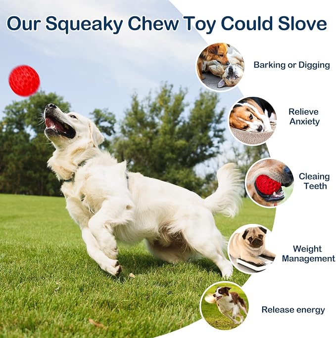 Indestructible Squeaky Dog Ball for Aggressive Chewers, Rubber Interactive Dog Toy for Teething, Relieving Anxiety. Chew Toy for Large, Medium Breeds, Outdoor & Indoor Ball.
