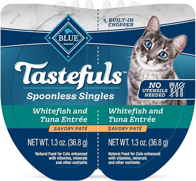 Blue Buffalo Tastefuls Whitefish & Tuna Spoonless Singles, 2.6 oz, 24 ct | Paté Style, Silky-Smooth Texture, Twin-Pack Trays