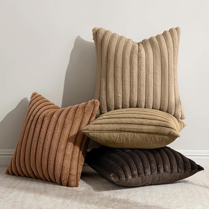 MIULEE Fall Faux Fur Plush Decorative Throw Pillow Covers 18x18, Dark Brown | Set of 4, Striped, Soft Boho Farmhouse Vintage, Rustic Cozy Home Decor, Cushion Cases for Sofa Couch Bed Living Room
