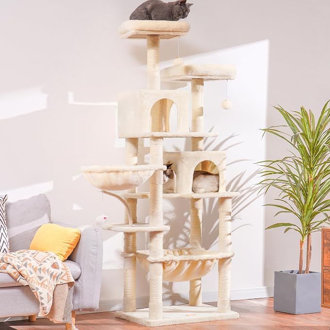 Heybly Cat Tree, 70 inches Tall Cat Tower for Indoor Large Cats HCT032M | Big Cat Condo with Toy , Cat House Furniture with Padded Plush Perch, Cozy Hammock and Sisal Scratching Posts, Beige