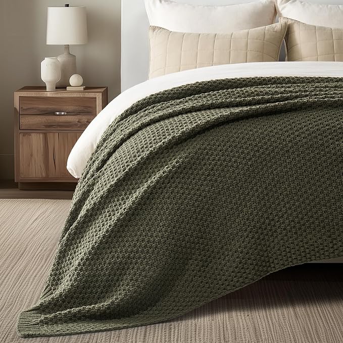 EVERGRACEHOME Chunky Chenille Knit Throw Blanket, 90 x 90, Olive Green | Sculpted Moss Stitch, Chic Modern Farmhouse, All-Season Warmth, OEKO-TEX® Certified, Oversized Queen for Couch, Bed, Sofa