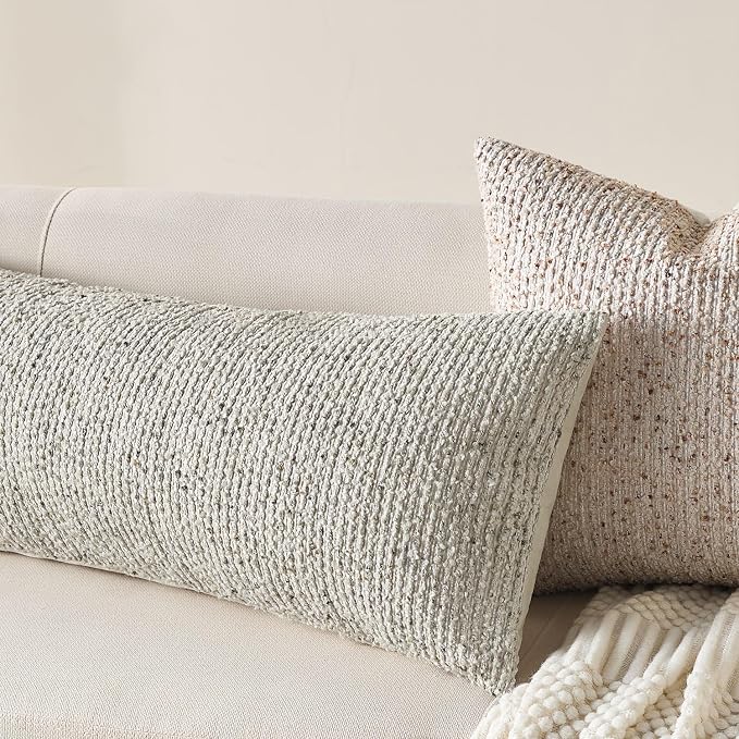 Allorry Soft Wool Decorative Throw Pillow Covers 14x36 Cream Gray SY011B14 | Cozy Soft Touch,Neutral Textured Boho Cushion Covers for Modern Farmhouse Sofa Bedroom Living Room Decor