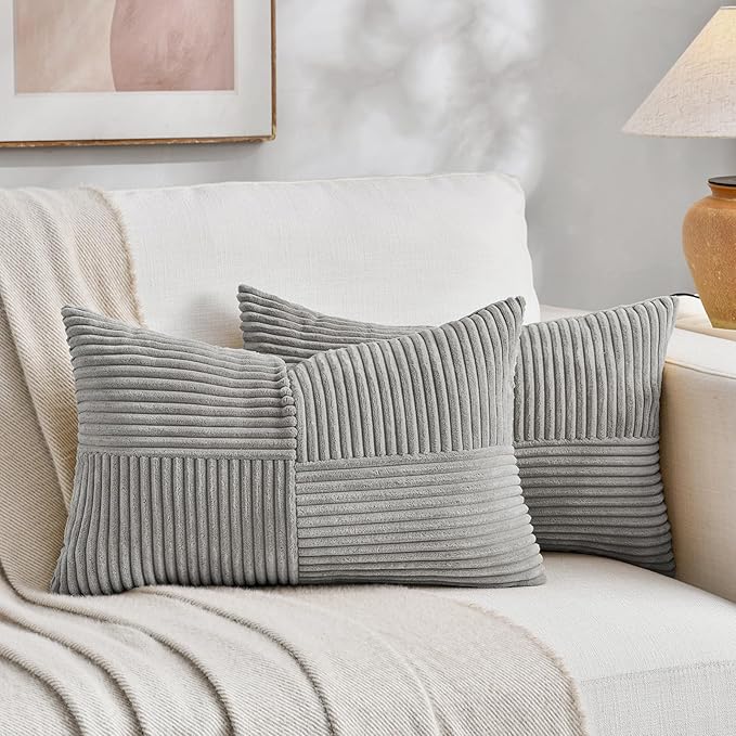 Fancy Homi 2 Packs Grey Lumbar Decorative Throw Pillow Covers 14x24 Inch for Living Room Couch Bed Sofa, Rustic Farmhouse Boho Home Decor, Soft Striped Corduroy Rectangle Accent Cushion Case 35x60 cm