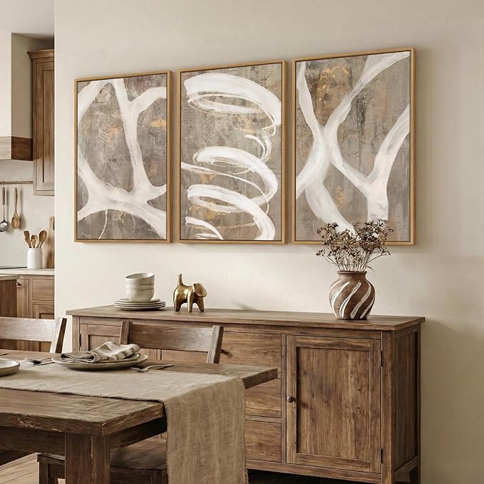 Large Framed Abstract Wall Art, Set of 3, Beige Taupe White, 20x30 In | Neutral artwork, Modern canvas prints, Wood frame, Minimalist pictures, Wall decor for living room dining bedroom hallway