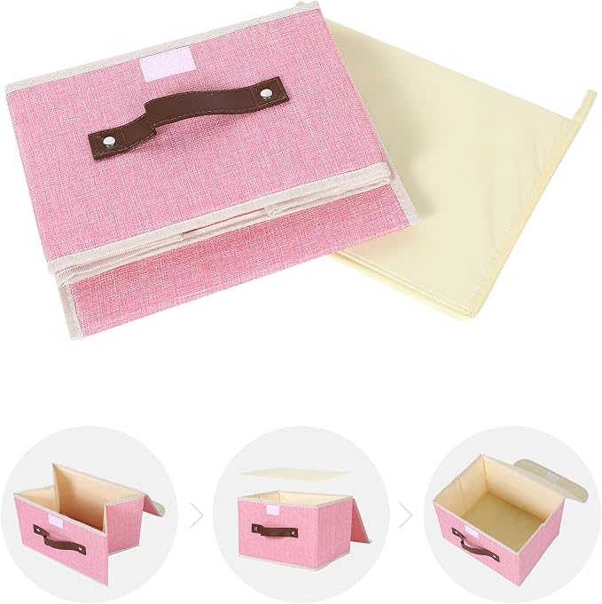 ANMINY Fabric Storage Box Bins with Lids, Pink, 10"x8"x7", 2 Pack | Keepsake Memory Storage, Cotton Linen, PP Board Reinforced, Washable, PU Handles, Foldable & Stackable, Decorative, Small