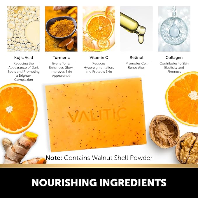 VALITIC Kojic Acid Soap - Turmeric Soap for Dark Spots for Face and Body - Exfoliating Bar for Hyperpigmentation, Skin Tone Corrector with Retinol, Vitamin C, Collagen and Hyaluronic Acid - 3 Pack
