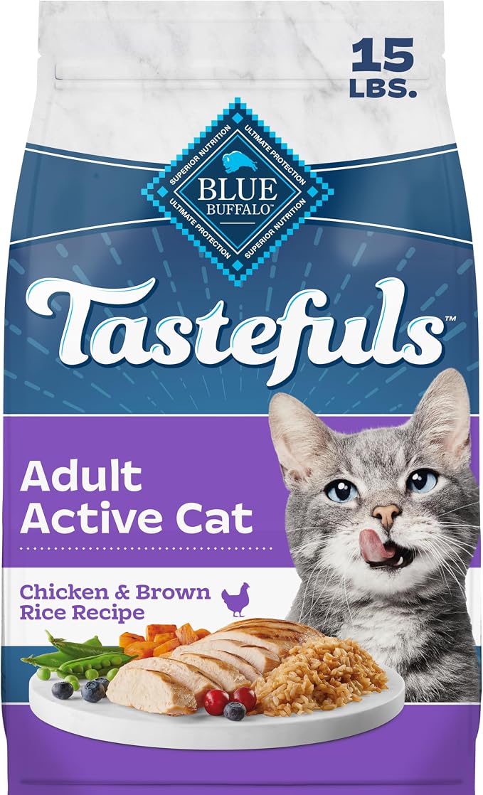 Blue Buffalo Tastefuls Chicken & Brown Rice Active Dry Cat Food, 15 lb | Chicken & Brown Rice Recipe, Antioxidant-Rich LifeSource Bits, No Corn, Wheat, or Soy