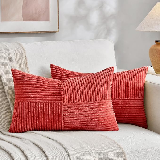 Fancy Homi Set of 1 Red Lumbar Decorative Throw Pillow Covers 12x20 Inch for Living Room Bedroom Couch Bed Sofa, Soft Striped Corduroy Modern Rectangle Accent Cushion Case 30x50 cm