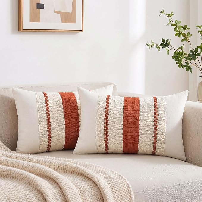 Fancy Homi Set of 1 Boho Burnt Orange Long Lumbar Decorative Throw Pillow Cover 16x24 Inch for Couch Bed Sofa Chair, Modern Organic Farmhouse Home Decor, Soft Cotton Cute Accent Rectangle Cushion Case