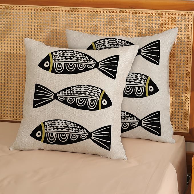 Coastal Pillow Covers 18x18 Inch Set of 2 Ocean Beach Black Fish Throw Pillows Summer Natical Outdoor Decorative Pillow Cases Linen Farmhouse Cushion Cover for Couch Home Sofa Bedroom Decor