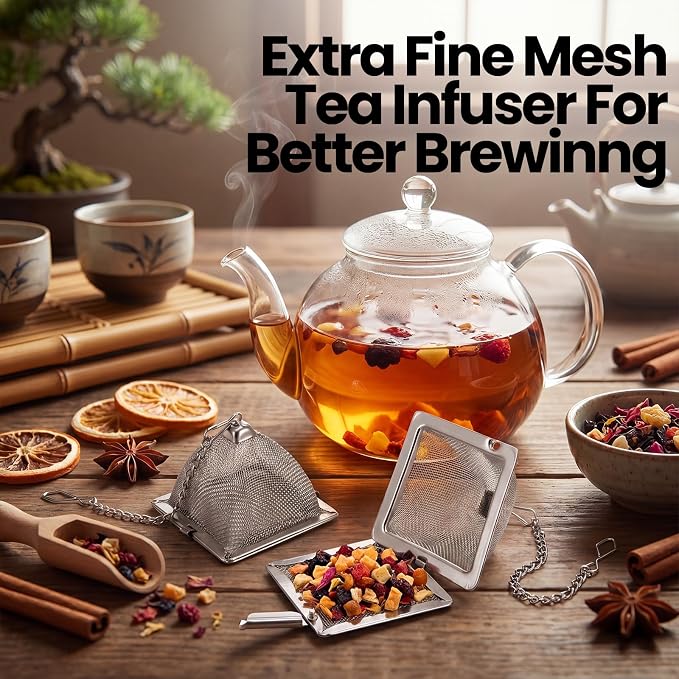 Zopeal 9 Pcs Tea Infuser Stainless Steel Strainer with Extended Chain Hook and Saucer Loose Leaf Steeper Fine Mesh Ball Tea Filter for Brew Spices Seasonings Fits Cup Mug Bottle (Pyramid)