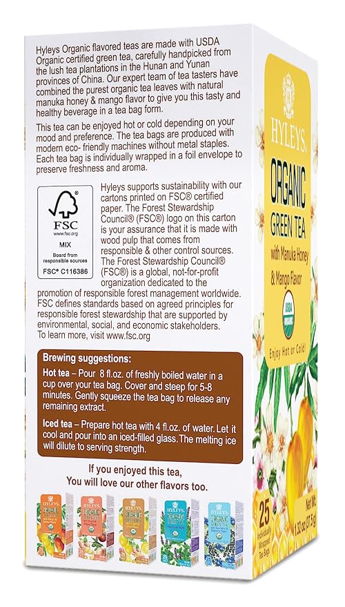 HYLEYS Organic Green Tea, Manuka Honey and Mango Flavor - 25 Individually Wrapped Tea Bags - USDA Organic - Kosher & Vegan