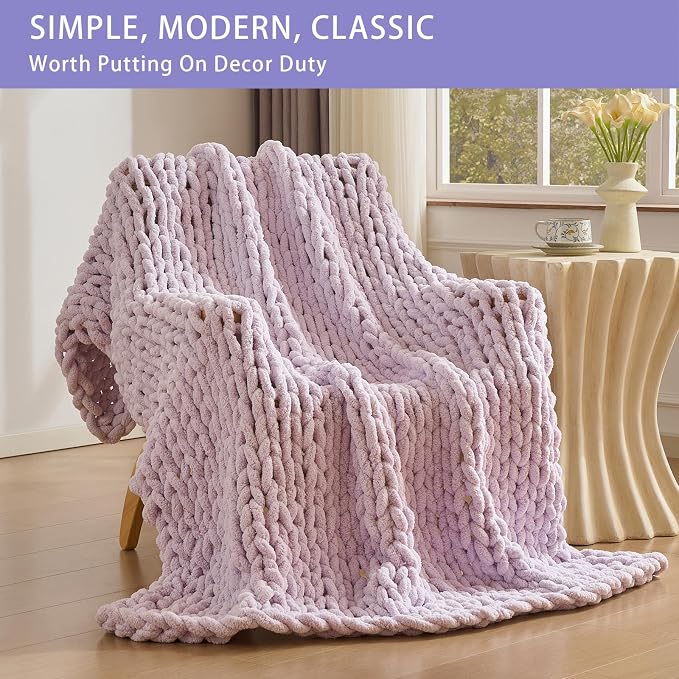 Bigacogo Chunky Knit Throw Blanket for Couch, 40x80 inches, Berry Haze | Hand Knit with Jumbo Chenille, Soft Breathable Cable Knit for Sofa Bed Living Room, Machine Washable, Gift for Mom Friend