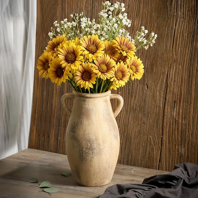 Large Ceramic Vase, 11.3 Inch Tall Farmhouse Vase with 2 Handles | Terracotta Decorative Vase Brings Rustic Charm to Living Room, Entryway, Table Decor and Home Decor, Perfect for Flowers