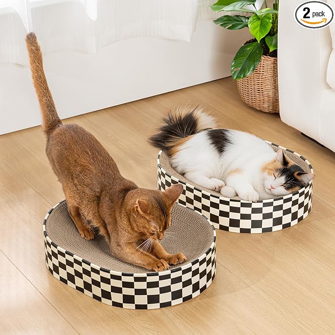 Conlun Oval Cat Scratcher Bed Bowl Lounge for Kittens | Medium | 2 Pack | Ideal for Multi-Cat Households | Concave Cardboard Pad | No Mess Enclosed Base | Couch Furniture Protector