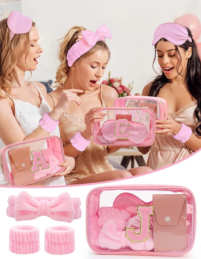Gift Sets for Women, Initial Makeup Bag with Makeup Brush Set Bachelorette Party Favors, Pink Spa Kit with Skincare Headbands Wrist Bands Sleepover Party Supplies Gifts for Teen Girls Bridesmaid J