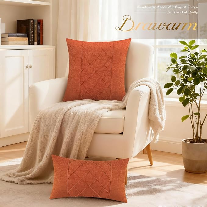 BRAWARM Chenille Throw Pillow Covers 18x18 Inches, Burnt Orange, 2 Pack | Decorative Pleated Pillow Covers, Soft Cushion Cases for Sofa Bed Living Room Home Farmhouse (No Insert)