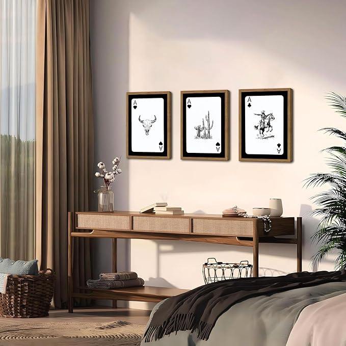Western Cowboy Wall Art Set of 3 Cowboy Print Playing Card Inspired Southwestern Canvas Poster Trendy Western Wall Decor Longhorn Bull Skull Room Decor for Bedroom Living Room Framed 16x24 inch