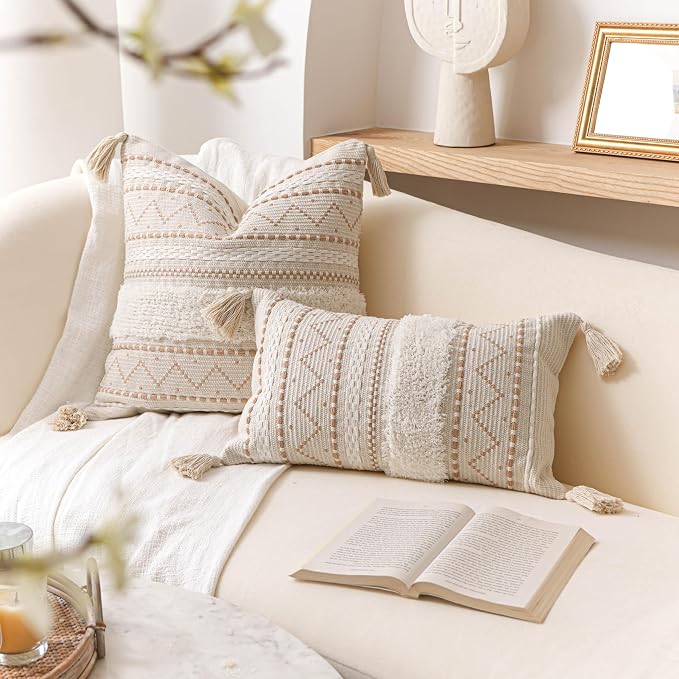 18X18 Throw Pillow Cover, Cream Neutral Beige Square Decorative Cushion Cover, Boho Accent Pillowcase with Tufted Details and Tassels for Couch Sofa Living Room(Cover Only)
