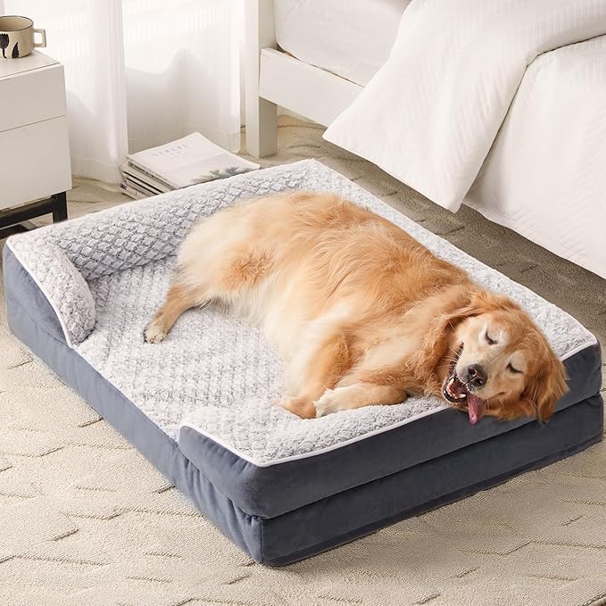 LEXTRO Orthopedic XXL Dog Bed, Washable Dog Beds for Extra Large Dogs | Comfy Sleeping Dog Bed with Egg Crate Foam, Dog Sofa with Removable Cover, Waterproof Lining&Non-Slip Bottom, Gray