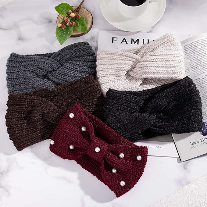 Whaline 5 Pieces Winter Knit Headbands Chunky Knit Headbands,4 Elastic Turban Head Wraps and 1 Pearl Crochet Hair Band, Ear Warmer Crochet Head Wraps for Women Girls (Autumn&Winter Colors)