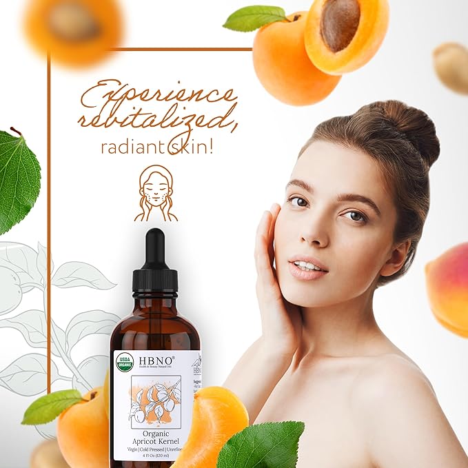 HBNO Organic Apricot Kernel Oil - 4 oz (120 ml) Value Size - Natural Apricot Oils, Cold Pressed - Perfect Carrier Oil for Massage, Aromatherapy, DIY, Soap Making, Face, Body, Lips, Hair, Nails