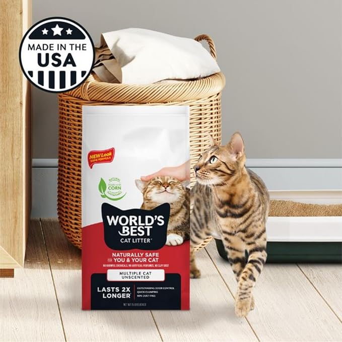 World's Best Cat Litter, Multiple Cat, Unscented, Odor Control, 15 lb Bag | Controls tough multi-cat odors and lasts 2x longer; natural corn litter, quick clumping, flushable, 99% dust free