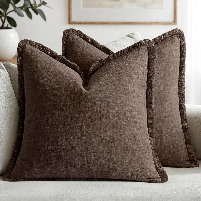 MIULEE Linen Fringe Decorative Fall Euro Pillow Covers Reddish Brown 24x24 | Set of 2, Cottagecore Decor, Boho Farmhouse Neutral Pillow Covers, Rustic Fall Couch Cushion Cases for Sofa Bed Living Room