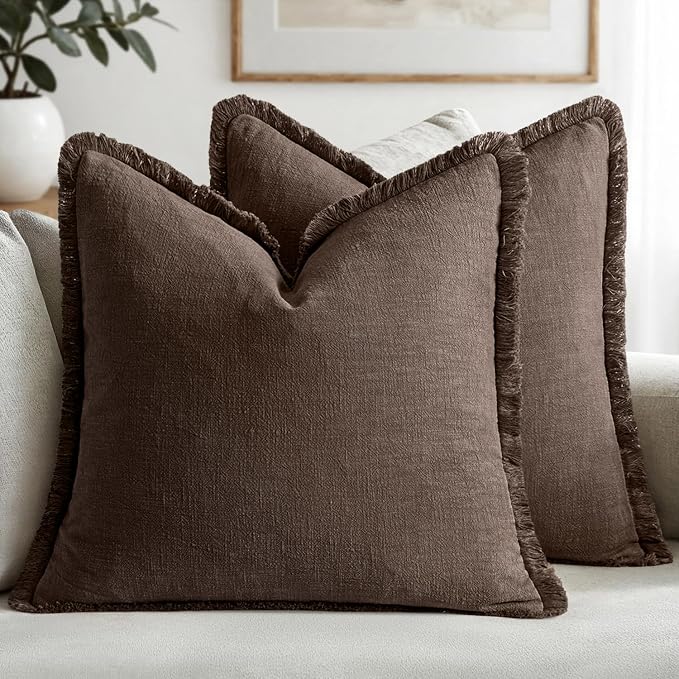 MIULEE Boho Linen Fringe Decorative Fall Pillow Covers Reddish Brown 16x16 | Set of 2, Cottagecore Decor, Boho Farmhouse Neutral Pillow Covers, Rustic Fall Couch Cushion Cases for Sofa Bed Living Room