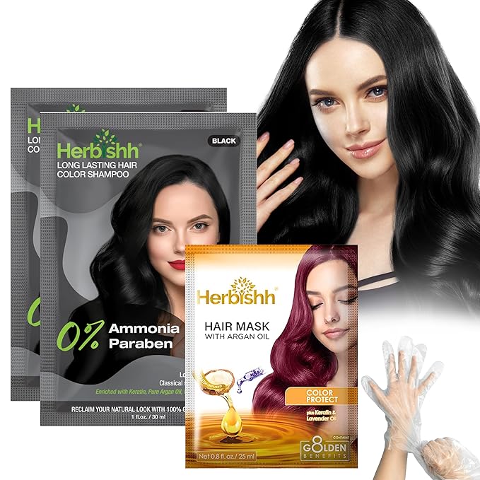 Herbishh Travel Pack Hair Dye Color Shampoo in Sachet + 1pc Argan Hair Mask Sachet (Black, 2 sachets)