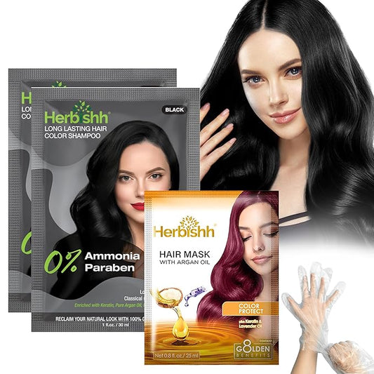 Herbishh Travel Pack Hair Dye Color Shampoo in Sachet + 1pc Argan Hair Mask Sachet (Black, 2 sachets)