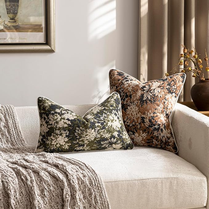 Pack of 2 Vintage Floral Throw Pillow Covers 16x16 Boho Farmhouse Accents Chenille Square Decorative Pillow Cases for Living Room Couch Bed Home Decor, Cognac