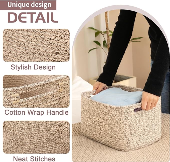 OIAHOMY 4 Pack Storage Baskets for Organizing, Cube Storage Bins for Shelves, Rectangle Storage Baskets With Handles, Woven Baskets for Storage, 16''Lx12''Wx8''H, Brown
