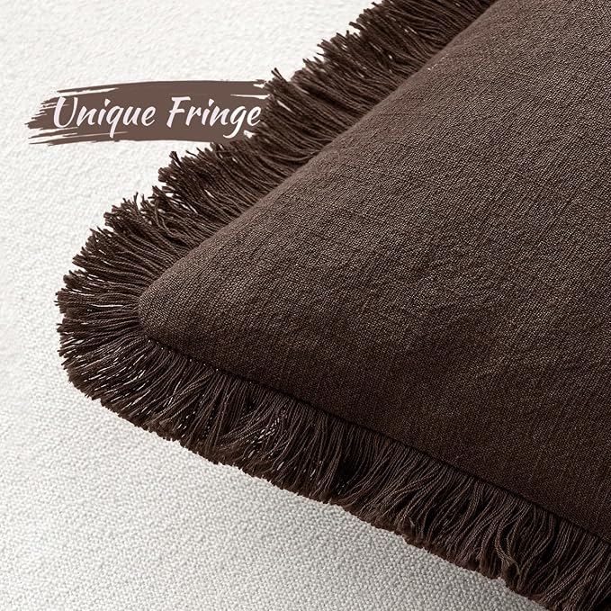 MIULEE Linen Fringe Decorative Fall Throw Pillow Covers Dark Brown 18x18 | Set of 2, Cottagecore Decor, Boho Farmhouse Neutral Pillow Covers, Rustic Fall Couch Cushion Cases for Sofa Bed Living Room
